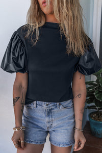 Puff Sleeve Top | Black Faux Leather Sleeve Mock Neck Top