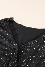 Load image into Gallery viewer, Black Mini Dress | Black Glitter V Neck Long Sleeve Dress
