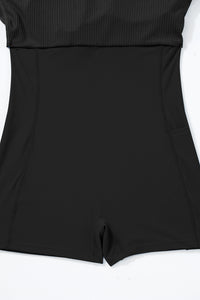 Black Sporty Ribbed Spaghetti Straps One Piece Swimdress | Swimwear/Swim Dresses