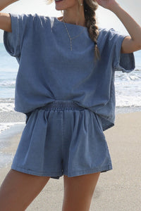 Blue Denim Shorts Set | Cuffed Sleeve Tee Elastic Shorts Set