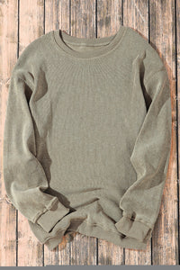 Pullover Sweatshirt | Green Solid Ribbed Knit Round Neck