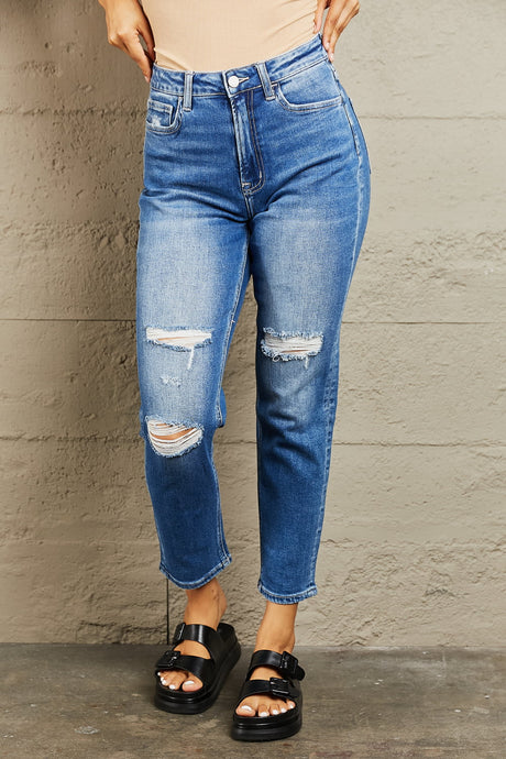 Blue Jeans-BAYEAS High Waisted Cropped Dad Jeans | Blue Jeans