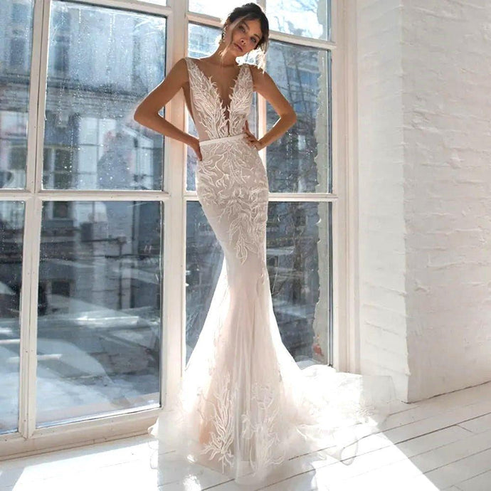 Lace Wedding Dress | Mermaid V Neck Bridal Gown | 0