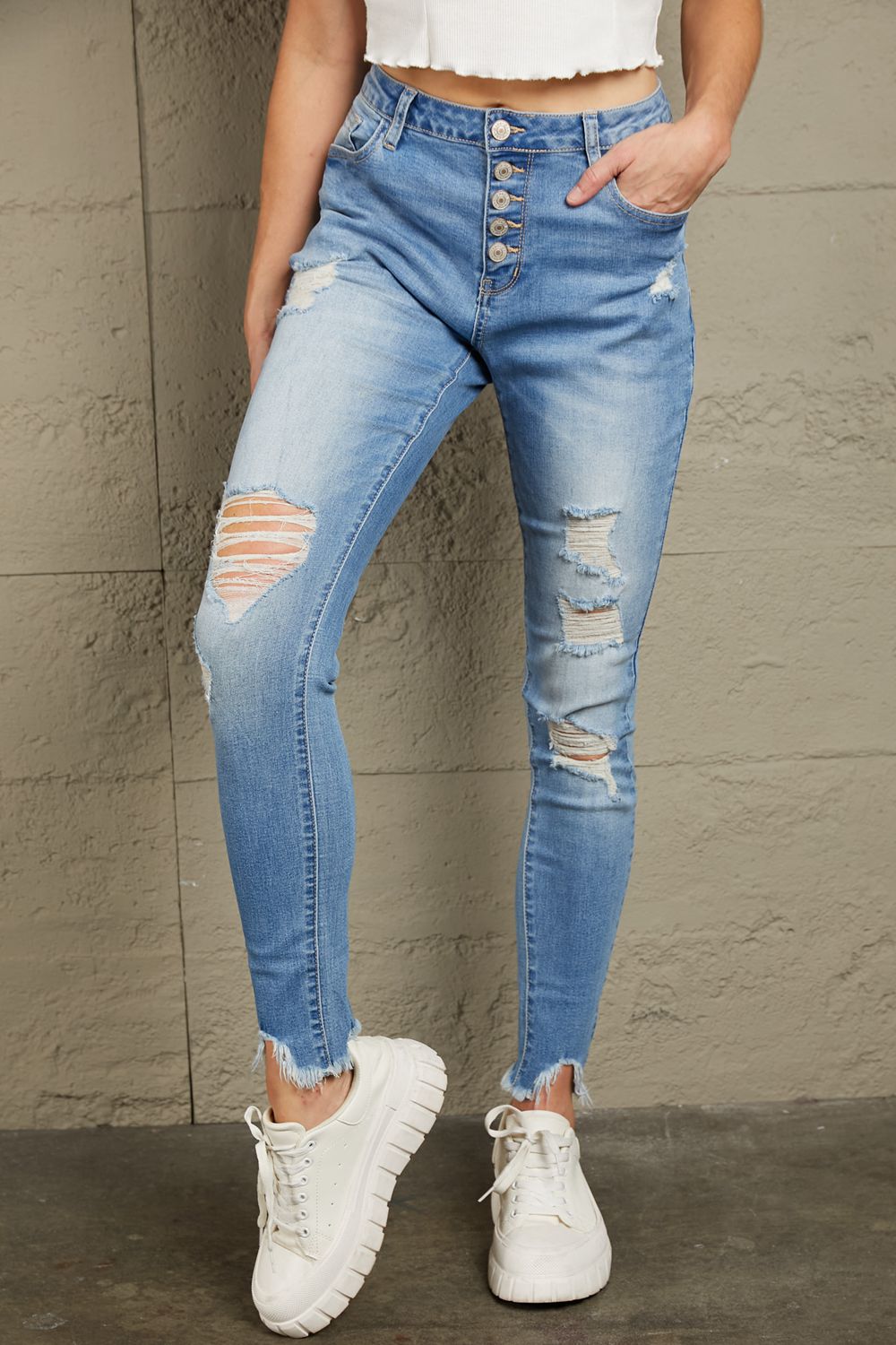 Skinny Blue Jeans-Baeful Button Front Frayed Ankle Skinny Jeans | Blue Jeans