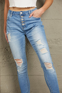 Skinny Blue Jeans-Baeful Button Front Frayed Ankle Skinny Jeans | Blue Jeans