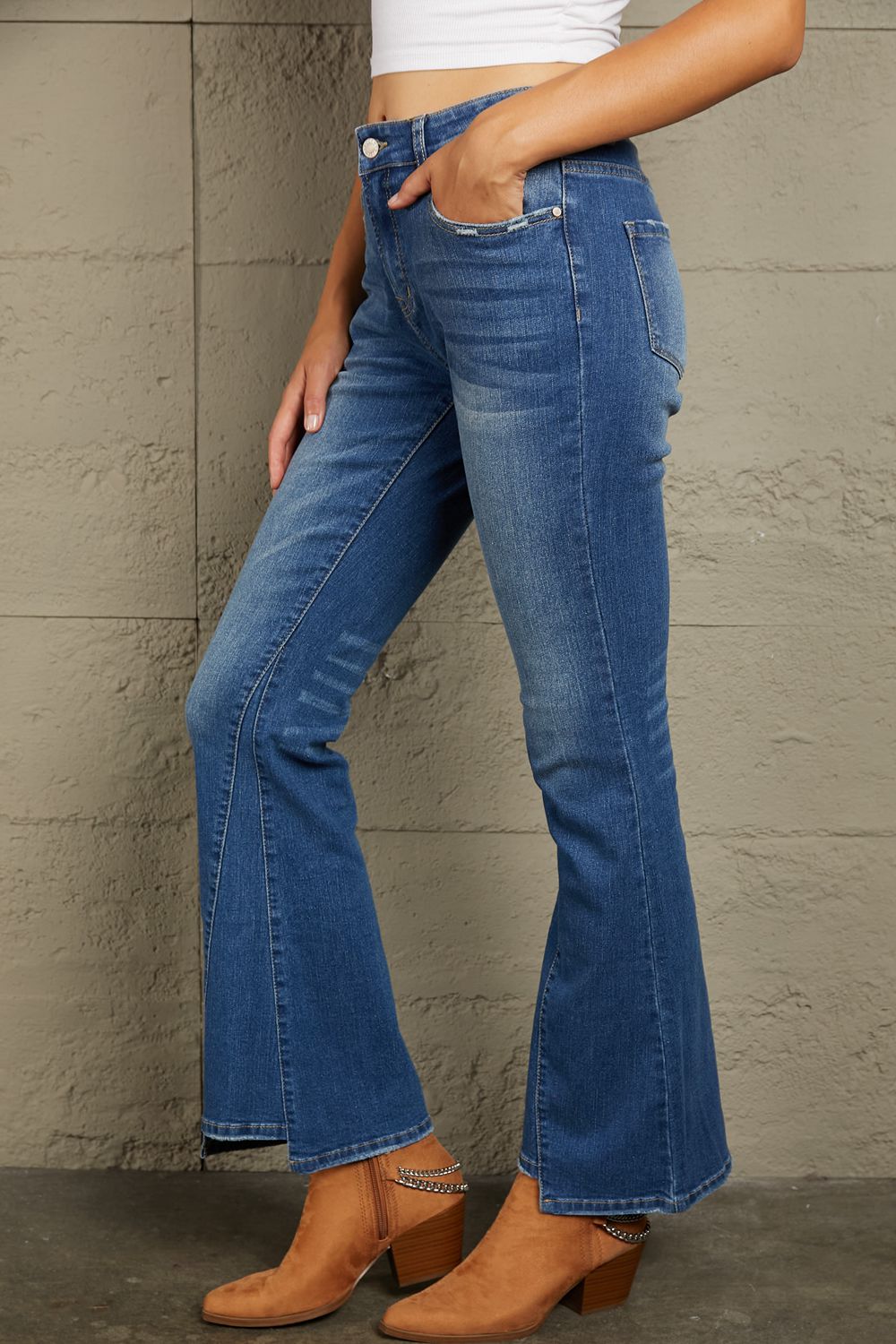 Blue Jeans-Baeful High Rise Flare Jeans with Pockets | blue jean shorts