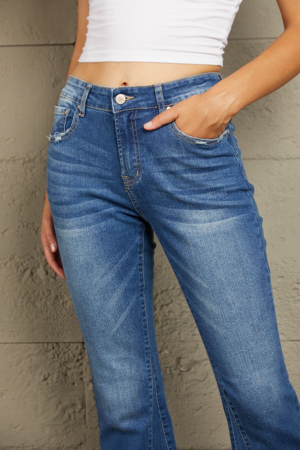 Blue Jeans-Baeful High Rise Flare Jeans with Pockets | blue jean shorts