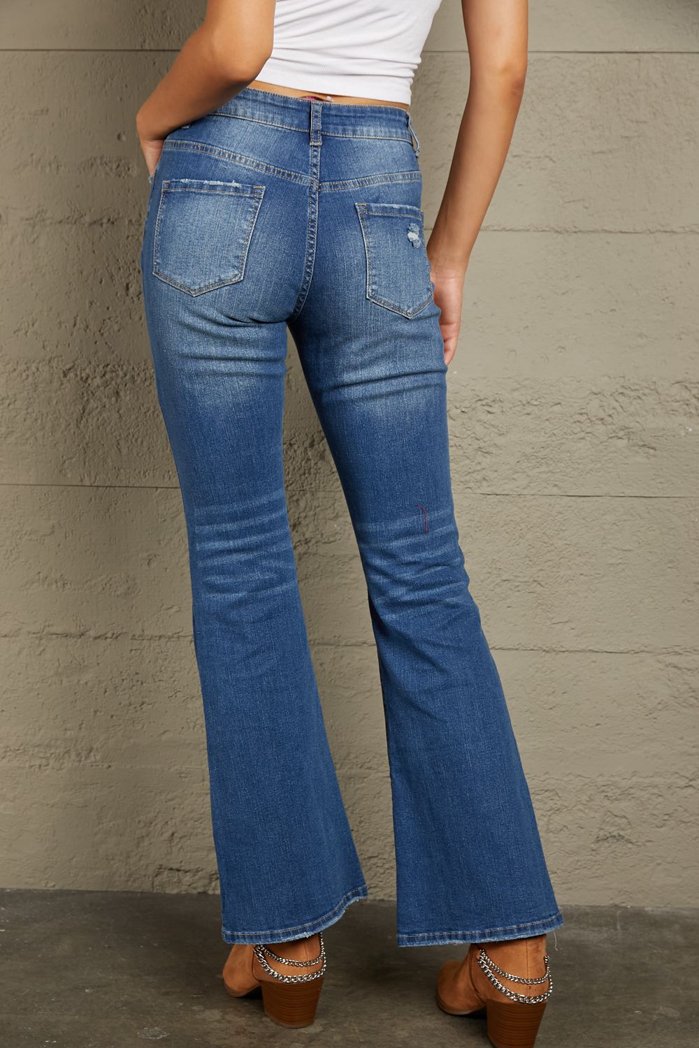 Blue Jeans-Baeful High Rise Flare Jeans with Pockets | blue jean shorts