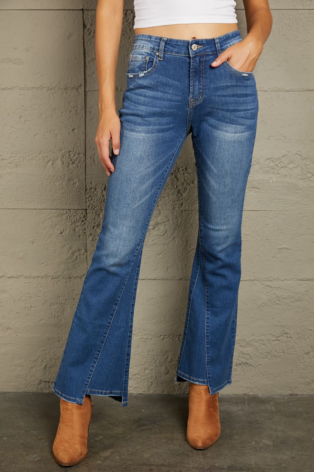 Blue Jeans-Baeful High Rise Flare Jeans with Pockets | blue jean shorts