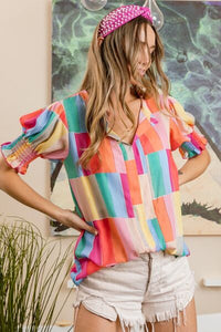 Womens Blouse-BiBi Color Block Smocked Short Sleeve Blouse | Tops/Blouses & Shirts