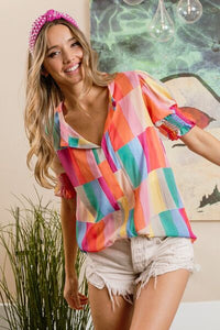 Womens Blouse-BiBi Color Block Smocked Short Sleeve Blouse | Tops/Blouses & Shirts