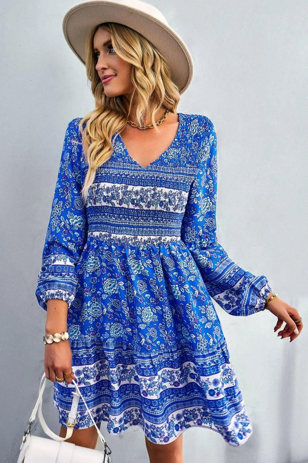 Womens Dress-Bohemian V-Neck Balloon Sleeve Dress | Dresses/Mini Dresses