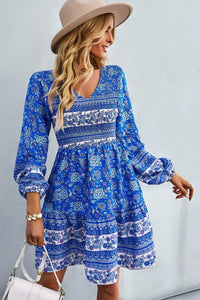 Womens Dress-Bohemian V-Neck Balloon Sleeve Dress | Dresses/Mini Dresses