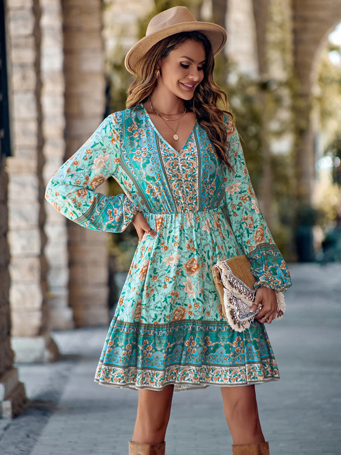 Womens Dress-Bohemian V-Neck Long Sleeve Dress | Dresses/Midi Dresses