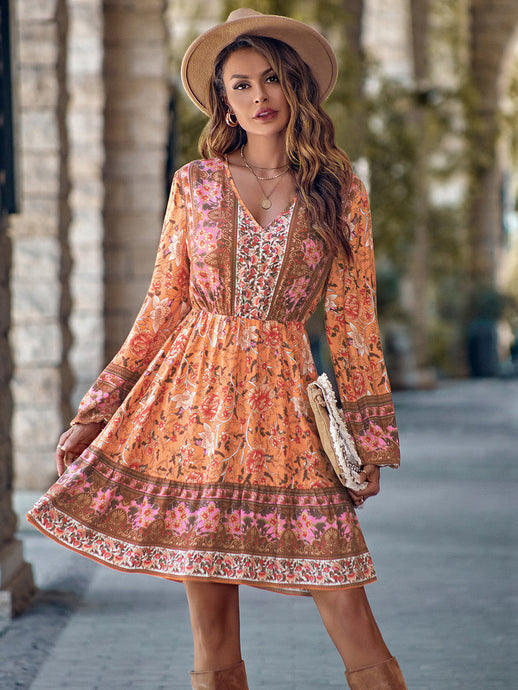 Womens Dress-Bohemian V-Neck Long Sleeve Dress | Dresses/Midi Dresses