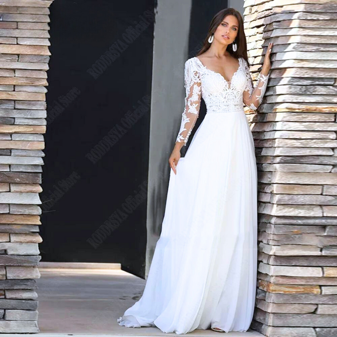 Bohemian Wedding Dress-Long Sleeve Chiffon Bridal Gown