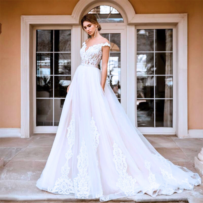Modern Lace Wedding Dress-V Neck Button Back Bridal Gown