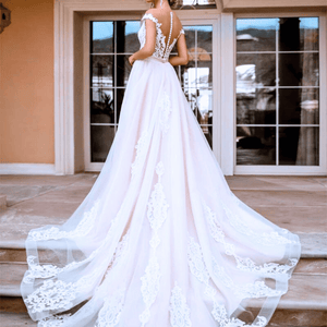 Modern Lace Wedding Dress-V Neck Button Back Bridal Gown