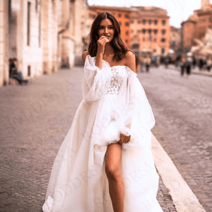 Bohemian Wedding Dress-Lace Puff Sleeve Bridal Gown