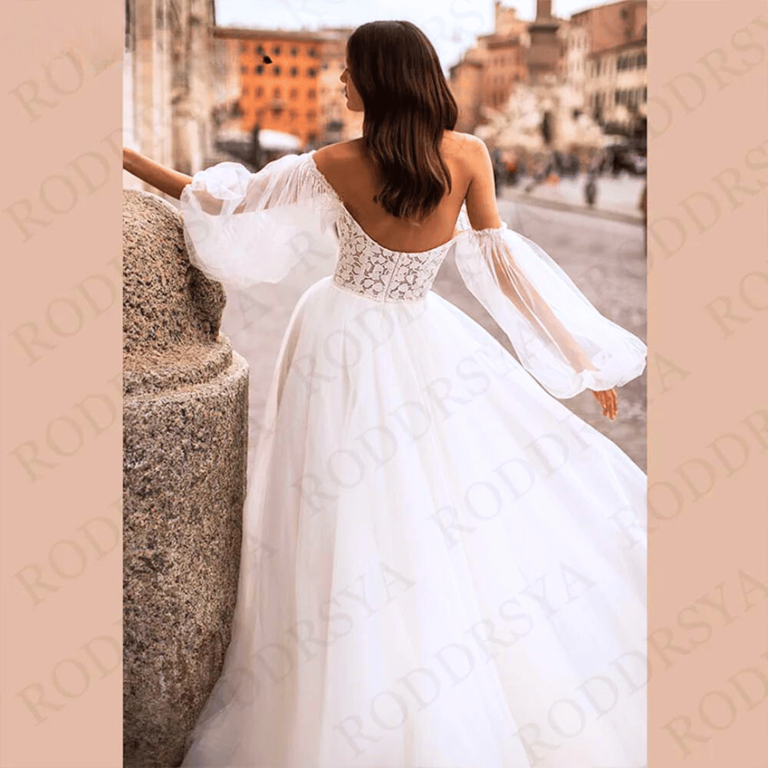 RODDRSYA Beach Wedding Dresses Lace Puff Sleeves Bridal Gowns