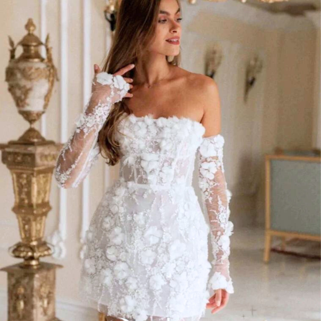 Short Wedding Dress | Short Lace Wedding Dress-Off Shoulder Detachable Sleeves | Wedding Dresses