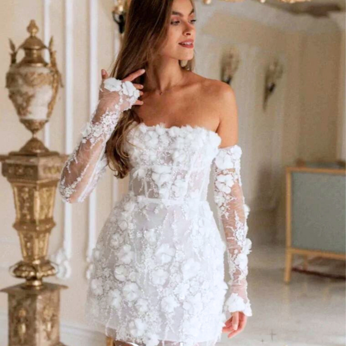 Short Lace Wedding Dress-Off Shoulder Detachable Sleeves