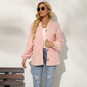 Womens Jacket-Button Down Dropped Shoulder Jacket with Pockets