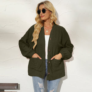 Womens Jacket-Button Down Dropped Shoulder Jacket with Pockets