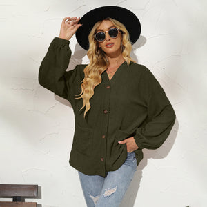 Womens Jacket-Button Down Dropped Shoulder Jacket with Pockets