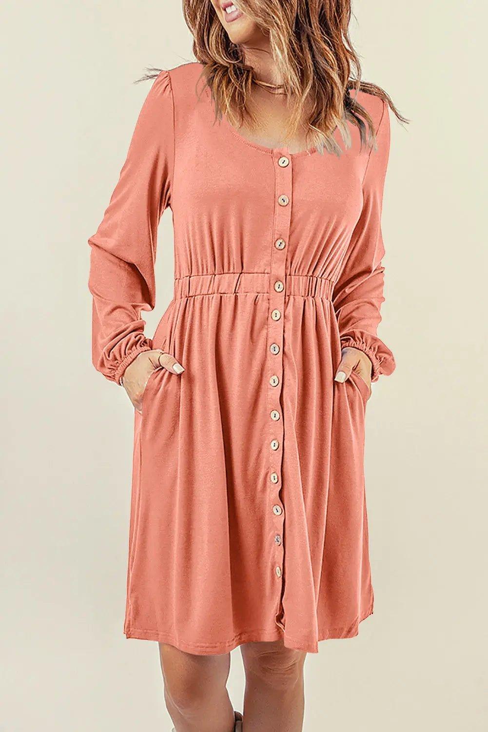 Womens Dress-Button Down Long Sleeve Dress with Pockets | Dresses/Midi Dresses