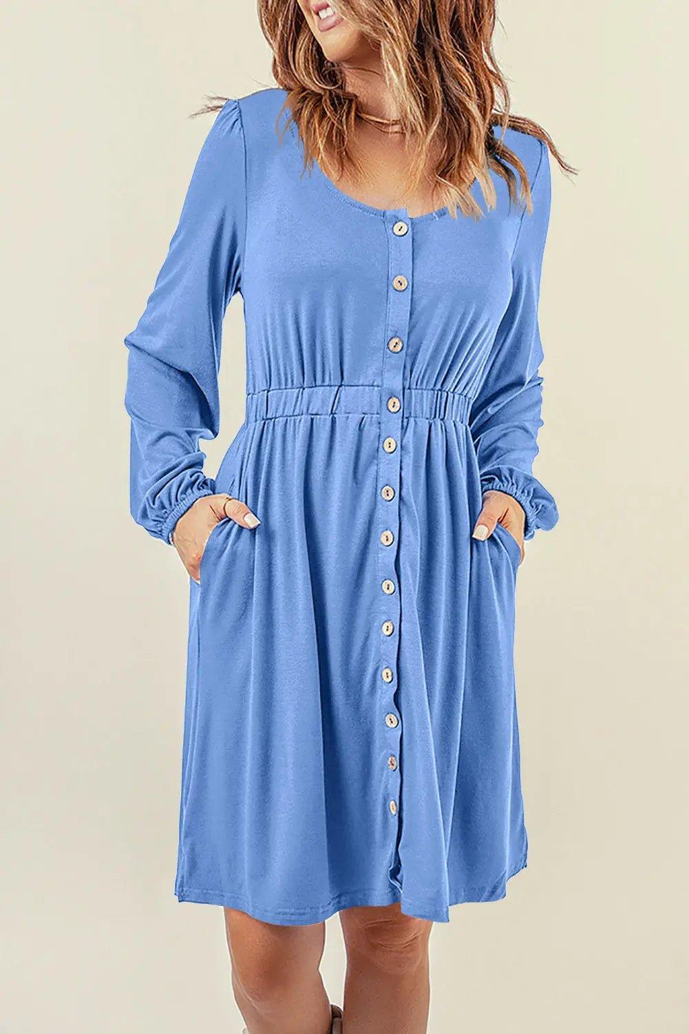 Womens Dress-Button Down Long Sleeve Dress with Pockets | Dresses/Midi Dresses