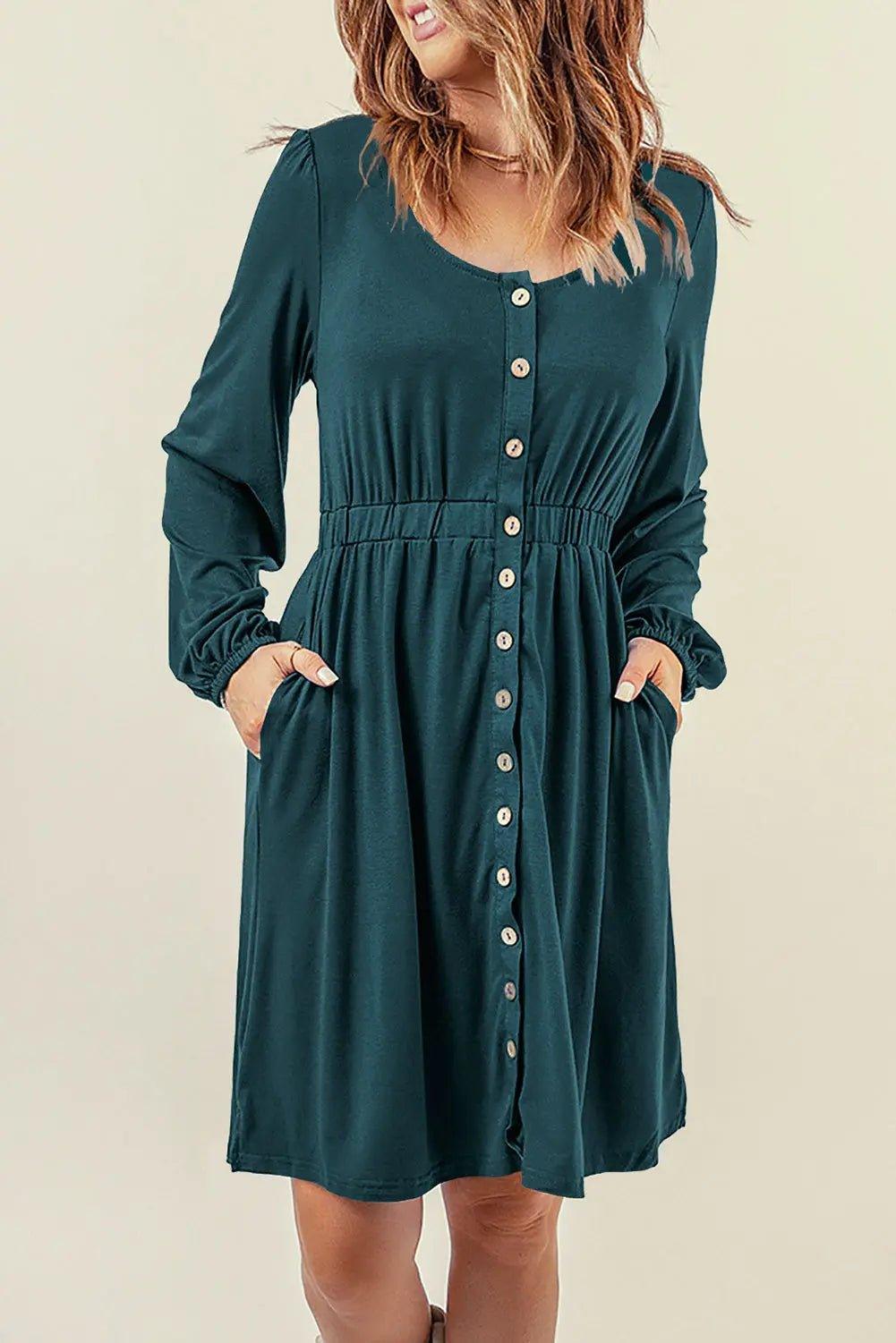 Womens Dress-Button Down Long Sleeve Dress with Pockets | Dresses/Midi Dresses