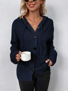 Womens Sweater-Button-Down Long Sleeve Hooded Sweater