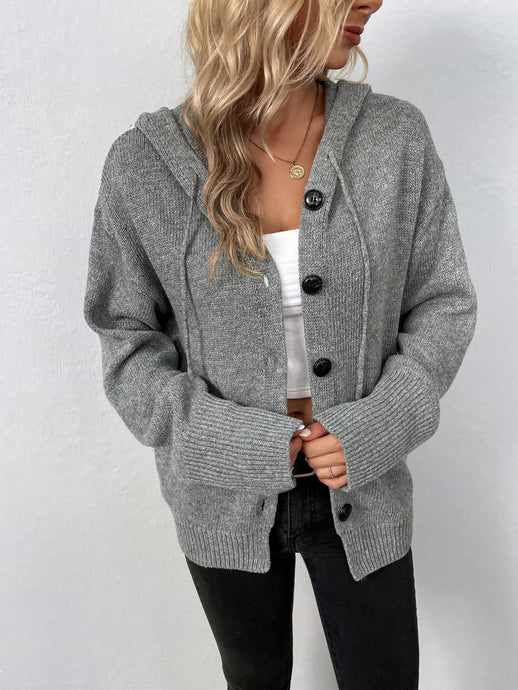 Womens Sweater-Button-Down Long Sleeve Hooded Sweater