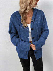 Womens Sweater-Button-Down Long Sleeve Hooded Sweater