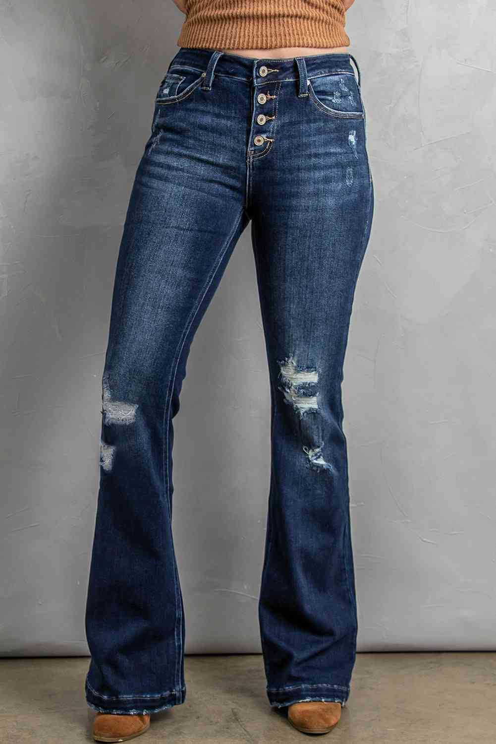 Blue Jeans-Button Fly Distressed Bootcut Blue Jeans | Blue Jeans