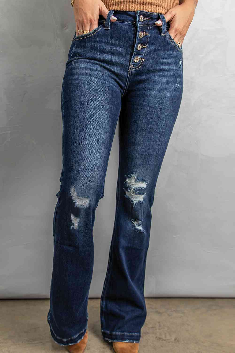 Blue Jeans-Button Fly Distressed Bootcut Blue Jeans | Blue Jeans