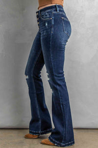 Blue Jeans-Button Fly Distressed Bootcut Blue Jeans | Blue Jeans