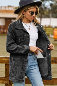 Womens Jacket-Buttoned Collared Neck Denim Jacket with Pockets