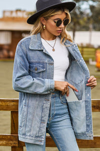 Womens Jacket-Buttoned Collared Neck Denim Jacket with Pockets