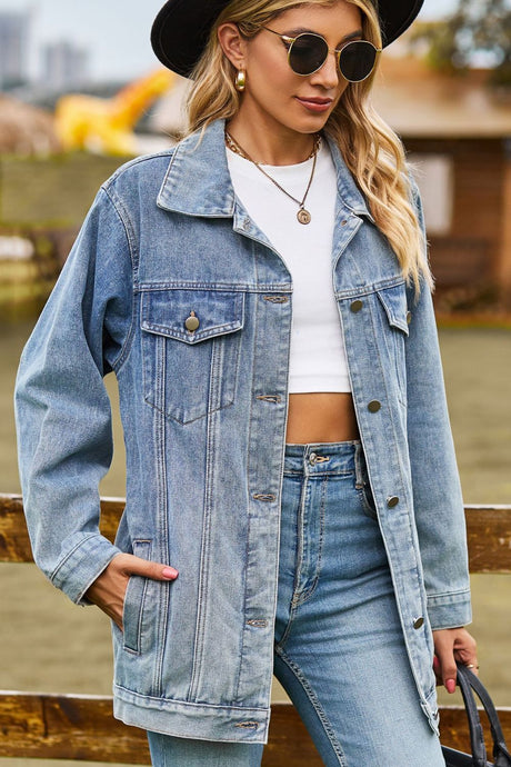 Womens Jacket-Buttoned Collared Neck Denim Jacket with Pockets