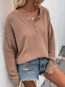 Buttoned Exposed Seam High-Low Sweater Broke Girl Philanthropy