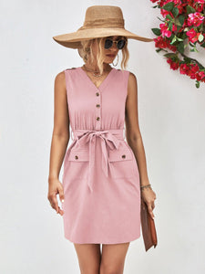 Womens Dress-Buttoned V-Neck Belted Sleeveless Dress | Dresses/Mini Dresses