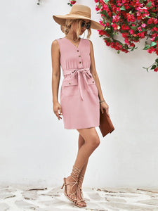 Womens Dress-Buttoned V-Neck Belted Sleeveless Dress | Dresses/Mini Dresses