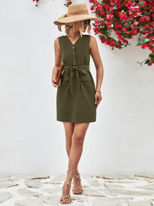 Womens Dress-Buttoned V-Neck Belted Sleeveless Dress | Dresses/Mini Dresses