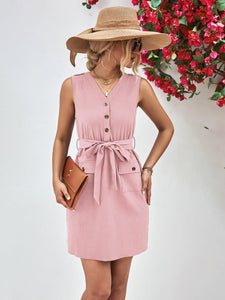 Womens Dress-Buttoned V-Neck Belted Sleeveless Dress | Dresses/Mini Dresses