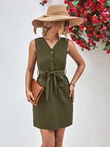 Womens Dress-Buttoned V-Neck Belted Sleeveless Dress | Dresses/Mini Dresses