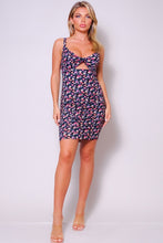Load image into Gallery viewer, Spaghetti Strap Twist Front Cutout Floral Ruched Mini Dress
