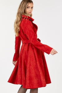 Red Suede Coat | Button Tacking Collar A Line Coat