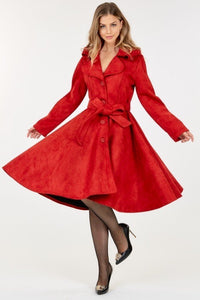 Red Suede Coat | Button Tacking Collar A Line Coat